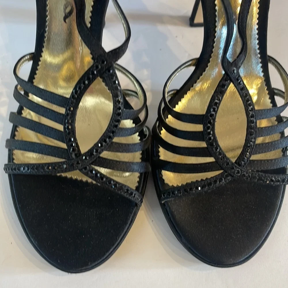 NINA satin Black heel Sandals / strappy  /  black rhinestones accents size 9M